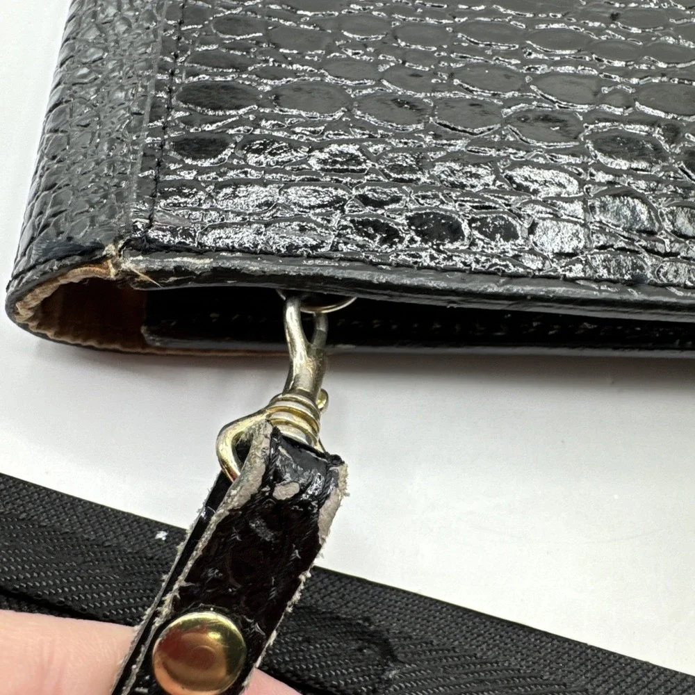 Vintage Black Leather Alligator Clutch Removable Strap Tradwife Costume Cocktail